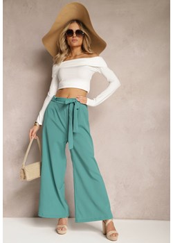 Miętowe Szerokie Spodnie z Materiałowym Paskiem w Typie Paper Bag Lasette ze sklepu Renee odzież w kategorii Spodnie damskie - zdjęcie 169787081