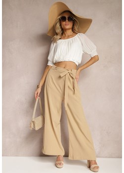 Ciemnobeżowe Szerokie Spodnie z Materiałowym Paskiem w Typie Paper Bag Lasette ze sklepu Renee odzież w kategorii Spodnie damskie - zdjęcie 169787091