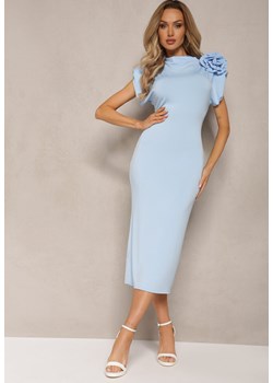 Niebieska Dopasowana Sukienka Midi z Kwiatkiem w Postaci Broszki Olivetta ze sklepu Renee odzież w kategorii Sukienki - zdjęcie 169787144