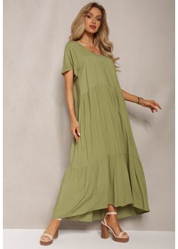 Zielona Maxi Sukienka Rozkloszowana z Bawełny z Trójkątnym Dekoltem Eriwen ze sklepu Renee odzież w kategorii Sukienki - zdjęcie 169787164