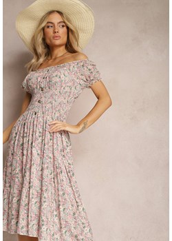 Różowa Bawełniana Sukienka w Kwiaty z Elastycznym Dekoltem i Gumką w Pasie Helinecca ze sklepu Renee odzież w kategorii Sukienki - zdjęcie 169787214