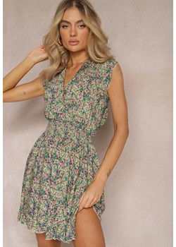 Zielona Sukienka z Bawełny w Kwiaty z Gumką w Talii Gomalia ze sklepu Renee odzież w kategorii Sukienki - zdjęcie 169787224