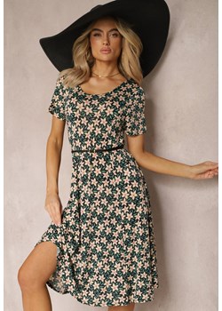 Granatowo-Zielona Sukienka Midi z Wiskozy z Krótkim Rękawem i Kwiatowym Printem Juniboria ze sklepu Renee odzież w kategorii Sukienki - zdjęcie 169787234