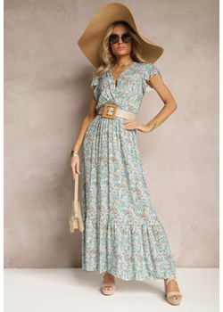 Niebieska Długa Sukienka z Bawełny w Drobne Kwiaty z Falbankami i Gumką w Talii Bredaira ze sklepu Renee odzież w kategorii Sukienki - zdjęcie 169787254