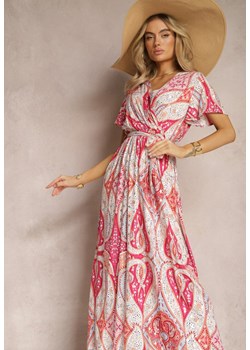 Różowo-Biała Rozkloszowana Sukienka o Kopertowym Fasonie z Paskiem i Ozdobnym Wzorem Briarwin ze sklepu Renee odzież w kategorii Sukienki - zdjęcie 169787284