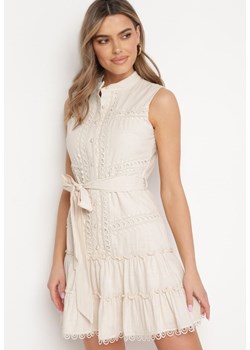 Beżowa Sukienka Mini Bez Rękawów z Wiązanym Paskiem Ilwenith ze sklepu Born2be Odzież w kategorii Sukienki - zdjęcie 169815202