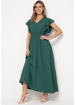 Ciemnozielona Plisowana Sukienka Maxi Rozkloszowana z Luźnymi Rękawkami Serahpine ze sklepu Born2be Odzież w kategorii Sukienki - zdjęcie 169815573