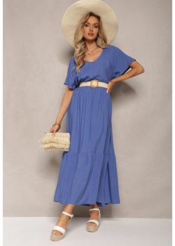 Niebieska Maxi Sukienka Rozkloszowana z Bawełny z Trójkątnym Dekoltem Eriwen ze sklepu Renee odzież w kategorii Sukienki - zdjęcie 169821982