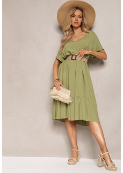 Zielona Midi Sukienka o Rozkloszowanym Fasonie z Delikatną Falbanką Subvia ze sklepu Renee odzież w kategorii Sukienki - zdjęcie 169822002