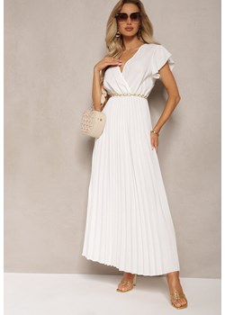 Biała Plisowana Sukienka Maxi o Rozkloszowanym Kroju z Kopertowym Dekoltem Ofilva ze sklepu Renee odzież w kategorii Sukienki - zdjęcie 169822022