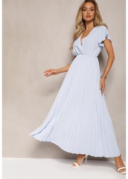 Jasnoniebieska Plisowana Sukienka Maxi o Rozkloszowanym Kroju z Kopertowym Dekoltem Ofilva ze sklepu Renee odzież w kategorii Sukienki - zdjęcie 169822032
