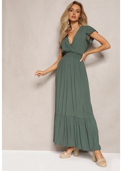 Zielona Rozkloszowana Sukienka Maxi z Bawełny z Kopertowym Dekoltem i Falbankami Quelaria ze sklepu Renee odzież w kategorii Sukienki - zdjęcie 169822062