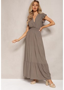 Ciemnobeżowa Rozkloszowana Sukienka Maxi z Bawełny o Kopertowym Kroju Asmerie ze sklepu Renee odzież w kategorii Sukienki - zdjęcie 169822072