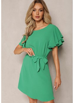 Zielona Rozkloszowana Sukienka Mini z Materiałowym Paskiem i Falbanami na Rękawach Relyam ze sklepu Renee odzież w kategorii Sukienki - zdjęcie 169822122