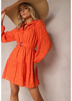 Pomarańczowa Bawełniana Sukienka o Rozkloszowanym Fasonie z Ozdobnym Haftowaniem Bealiosa ze sklepu Renee odzież w kategorii Sukienki - zdjęcie 169822321