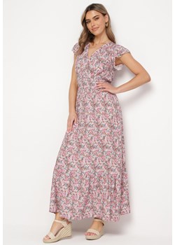 Różowa Bawełniana Sukienka Maxi z Gumką w Pasie i Zwiewną Falbaną w Kwiaty Leoddaria ze sklepu Born2be Odzież w kategorii Sukienki - zdjęcie 169822663