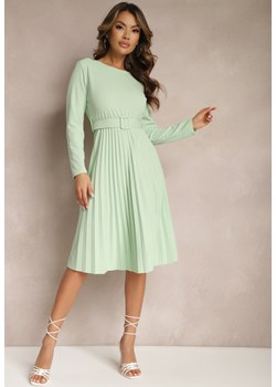 Zielona Plisowana Sukienka Midi z Paskiem w Talii Pailomena ze sklepu Renee odzież w kategorii Sukienki - zdjęcie 169825481