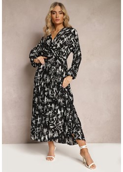 Czarno-Biała Kopertowa Sukienka Maxi z Plisowanym Dołem i Gumką w Talii Amillica ze sklepu Renee odzież w kategorii Sukienki - zdjęcie 169825574