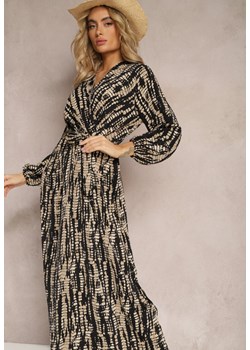Czarno-Beżowa Długa Kopertowa Sukienka z Abstrakcyjnym Motywem i Paskiem w Talii Delphinna ze sklepu Renee odzież w kategorii Sukienki - zdjęcie 169825594