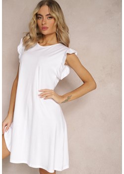 Biała Trapezowa Sukienka z Elastycznej Bawełny z Falbankami Przy Ramionach Aleradia ze sklepu Renee odzież w kategorii Sukienki - zdjęcie 169825604