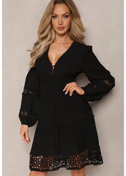 Czarna Rozkloszowana Sukienka Mini z Ażurowym Wzorem i Gumką Ilermia ze sklepu Renee odzież w kategorii Sukienki - zdjęcie 169825734