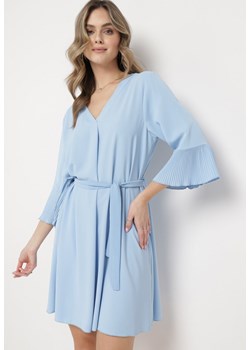 Niebieska Sukienka Mini z Paskiem w Talii i Plisowanymi Rękawami Urssalia ze sklepu Born2be Odzież w kategorii Sukienki - zdjęcie 169830273