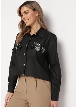 Czarna Koszula na Biżuteryjne Guziki ze Zdobionymi Kieszeniami Nerlla ze sklepu Born2be Odzież w kategorii Koszule damskie - zdjęcie 169830383