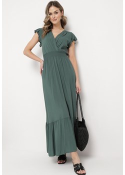 Zielona Bawełniana Sukienka Maxi z Falbankami i Gumką w Pasie Perinthe ze sklepu Born2be Odzież w kategorii Sukienki - zdjęcie 169830554