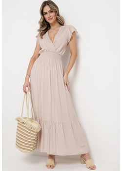 Jasnobeżowa Bawełniana Sukienka Maxi z Kopertową Górą Rozkloszowana Xaliara ze sklepu Born2be Odzież w kategorii Sukienki - zdjęcie 169830583