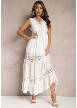 Biała Maxi Sukienka o Rozkloszowanym Kroju z Ażurowymi Wstawkami Litulla ze sklepu Renee odzież w kategorii Sukienki - zdjęcie 169855694