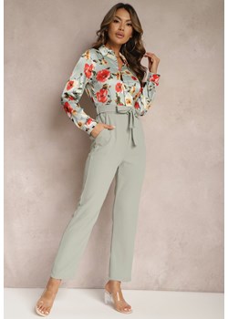 Zielony Elegancki Kombinezon z Koszulową Górą w Kwiaty Wiązany w Talii Klerovia ze sklepu Renee odzież w kategorii Kombinezony damskie - zdjęcie 169855704