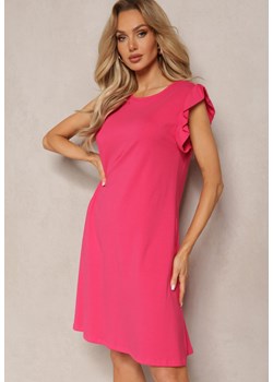 Różowa Trapezowa Sukienka z Elastycznej Bawełny z Falbankami Przy Ramionach Aleradia ze sklepu Renee odzież w kategorii Sukienki - zdjęcie 169855784
