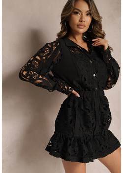 Czarny Koronkowy Komplet Koszula i Spódnica Mini z Gumką w Pasie Delhpina ze sklepu Renee odzież w kategorii Komplety i garnitury damskie - zdjęcie 169855804