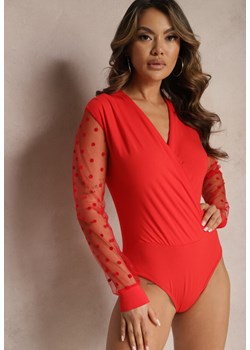 Czerwone Kopertowe Body z Wiskozy z Ozdobnym Rękawami w Kropki Irisflana ze sklepu Renee odzież w kategorii Bluzki damskie - zdjęcie 169855824