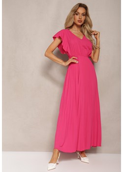 Ciemnoróżowa Rozkloszowana Sukienka z Plisami Maxi z Falbankami przy Ramionach Nethula ze sklepu Renee odzież w kategorii Sukienki - zdjęcie 169855850