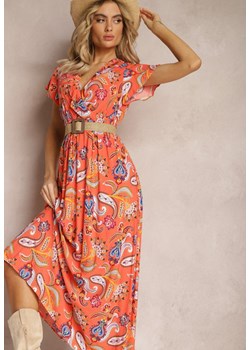 Pomarańczowa Rozkloszowana Sukienka z Wiskozy z Gumką w Talii i Abstrakcyjnym Wzorem  Pairella ze sklepu Renee odzież w kategorii Sukienki - zdjęcie 169856051