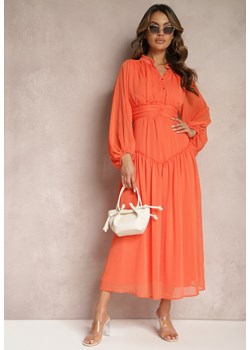 Pomarańczowa Elegancka Sukienka w Stylu Vintage z Powlekanymi Guzikami i Marszczeniami Lefandia ze sklepu Renee odzież w kategorii Sukienki - zdjęcie 169856092