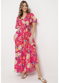 Fuksjowa Sukienka Maxi z Gumką w Talii z Szerokimi Rękawami i Kwiatowym Printem Nodriala ze sklepu Born2be Odzież w kategorii Sukienki - zdjęcie 169856251