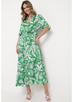 Zielona Koszulowa Sukienka z Roślinnym Wzorem z Wiązanym Paskiem Rosallen ze sklepu Born2be Odzież w kategorii Sukienki - zdjęcie 169856331