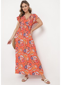 Pomarańczowa Sukienka z Wiskozy z Gumką w Pasie i Kopertowym Dekoltem Kaliona ze sklepu Born2be Odzież w kategorii Sukienki - zdjęcie 169856483