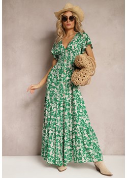 Zielona Sukienka z Gumką w Pasie w Kwiatowy Wzór z Ozdobnymi Guzikami Ellsa ze sklepu Renee odzież w kategorii Sukienki - zdjęcie 169864201