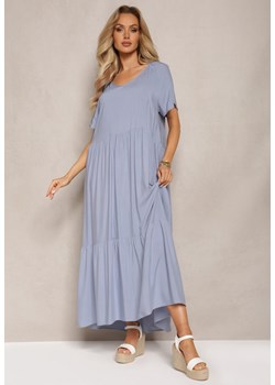 Niebieska Rozkloszowana Sukienka Maxi z Bawełny z Trójkątnym Dekoltem Nastal ze sklepu Renee odzież w kategorii Sukienki - zdjęcie 169864441