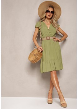 Zielona Sukienka z Bawełny Rozkloszowana Midi z Kopertową Górą Iburgia ze sklepu Renee odzież w kategorii Sukienki - zdjęcie 169864491