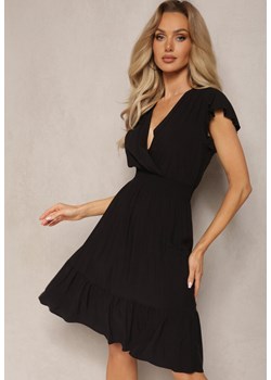 Czarna Sukienka z Bawełny Rozkloszowana Midi z Kopertową Górą Iburgia ze sklepu Renee odzież w kategorii Sukienki - zdjęcie 169864511