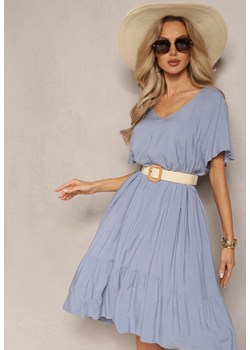 Jasnoniebieska Rozkloszowana Sukienka z Bawełny Midi z Trójkątnym Dekoltem Aerendila ze sklepu Renee odzież w kategorii Sukienki - zdjęcie 169864521