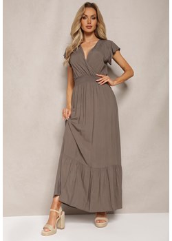 Ciemnobeżowa Rozkloszowana Sukienka Maxi z Bawełny z Kopertowym Dekoltem i Falbankami Quelaria ze sklepu Renee odzież w kategorii Sukienki - zdjęcie 169864551