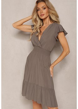 Ciemnobeżowa Sukienka z Bawełny z Marszczoną Gumką w Talii z Falbankami Sorxia ze sklepu Renee odzież w kategorii Sukienki - zdjęcie 169864561