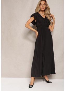 Czarna Rozkloszowana Sukienka z Plisami Maxi z Falbankami przy Ramionach Nethula ze sklepu Renee odzież w kategorii Sukienki - zdjęcie 169879292