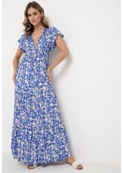 Niebiesko-Biała Sukienka Maxi w Kwiaty z Falowanymi Rękawkami i Gumką w Talii Mulanitti ze sklepu Born2be Odzież w kategorii Sukienki - zdjęcie 169879360