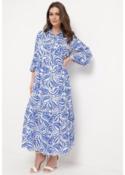Niebieska-Biała Rozkloszowana Sukienka Maxi z Falbanką i Botanicznym Wzorem Maticia ze sklepu Born2be Odzież w kategorii Sukienki - zdjęcie 169879400